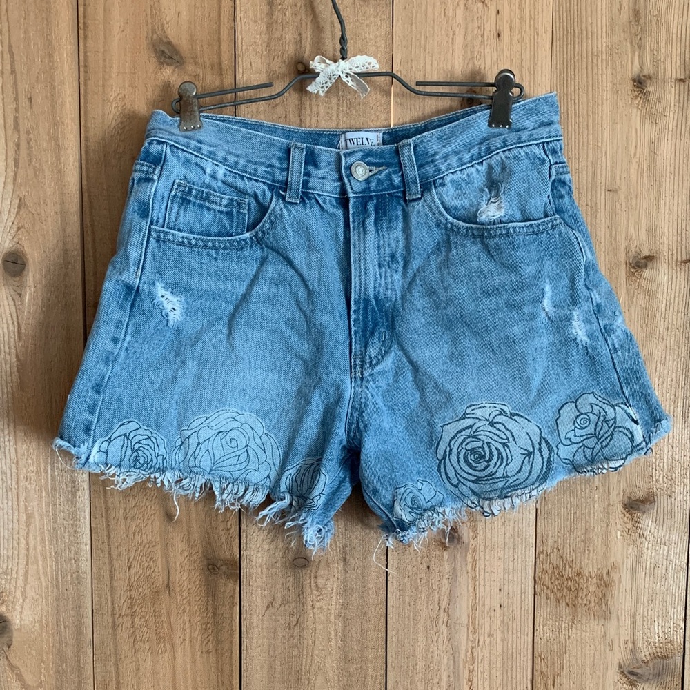 Denim Blue Floral Embroidered Jean Shorts
